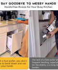 Under Cabinet Foot Pull Opener 4.5 Inch Matte Black Hands Free Toe Kick for kitchen cabinets, showing installation and usage.