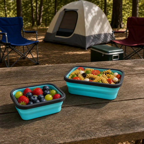 4 Pack Space Saving Collapsible Food Storage Containers with Lids for Small Kitchens and On The Go Living, filled with pasta and fruit