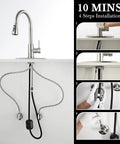 Solid Stainless Steel Kitchen Sink Faucet With Pull Down Sprayer And Brushed Nickel Finish showing installation process with hoses.