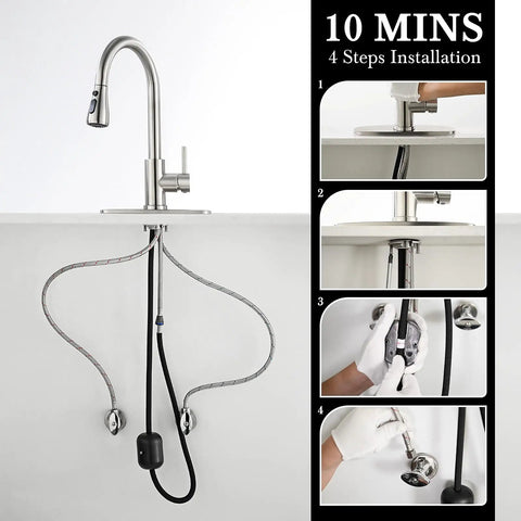 Solid Stainless Steel Kitchen Sink Faucet With Pull Down Sprayer And Brushed Nickel Finish showing installation process with hoses.