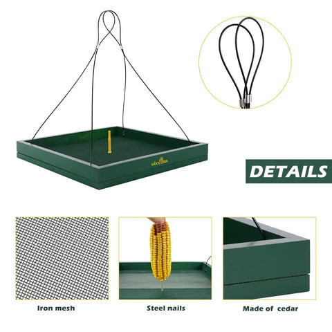 Hanging Bird Feeder Tray Outdoor Garden Platform Wooden Seed Tray With Mesh Feeding Surface For Yard And Patio Large Feeding Area For Small To Large Birds Weatherproof And Sturdy For All Seasons Green, showing cedar wood tray with iron mesh.