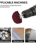 Six Pack Non Woven Abrasive Drill Buffing Wheel Set With 1/4 Inch Shank, attached to a drill for polishing and cleaning uses.