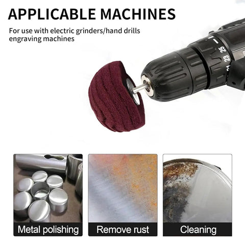 Six Pack Non Woven Abrasive Drill Buffing Wheel Set With 1/4 Inch Shank, attached to a drill for polishing and cleaning uses.