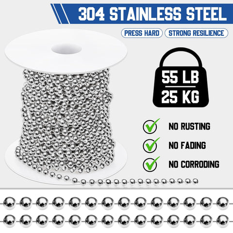 50ft 4.5mm Ball Beaded Chain with 50 Connectors for Roller Shades and Vertical Blinds, Dog Tag Chain, Jewelry Making and DIY Crafts in Silver Ready to Use Kit with Easy Install