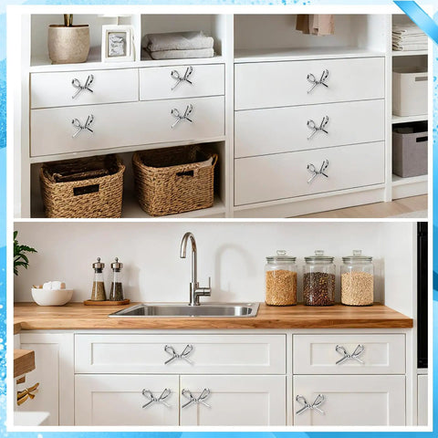 Boss Bow Dresser Knobs And Cute Drawer Knobs In Zinc Alloy With Brushed Hardware Pulls Vintage Cupboard Knob Set on white cabinets.