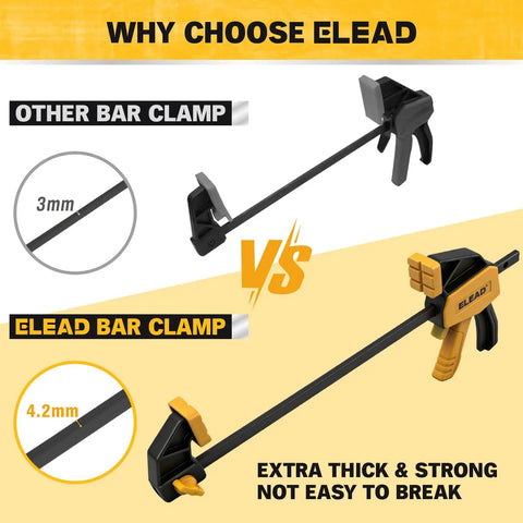Comparison of ELEAD 4.2mm bar clamp with other 3mm bar clamp, highlighting durability and strength for woodworking projects.