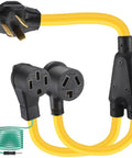 Gotta Charge Both Ride And Rig With This 30 Amp Dryer Y Splitter, yellow 3ft cable with NEMA 10-30P to dual 14-50R and 10-30R ports.