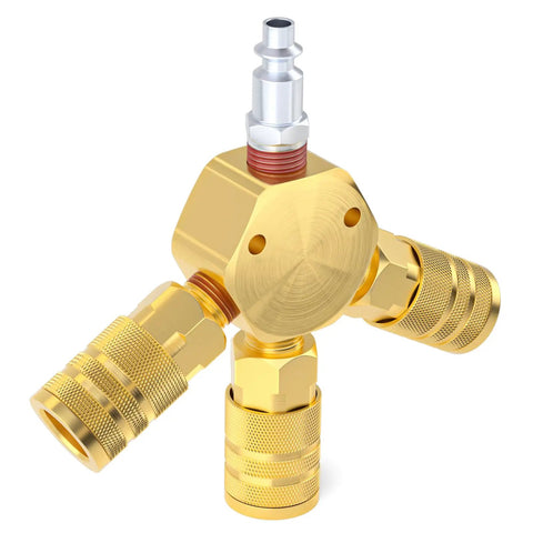 Three-Way 1/4 Inch NPT Hex Style Air Manifold With Brass Couplers And Plugs, Quick Connect Air Splitter Kit For Compressors And Hoses
