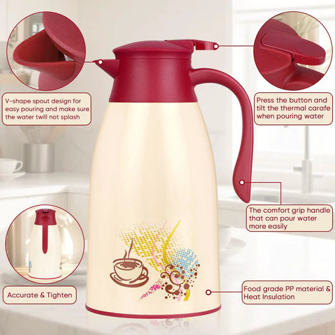 Yellow 40.5 Oz Thermal Coffee Carafe with Glass Lined Vacuum Insulation featuring lid and easy pour spout, kitchen background.
