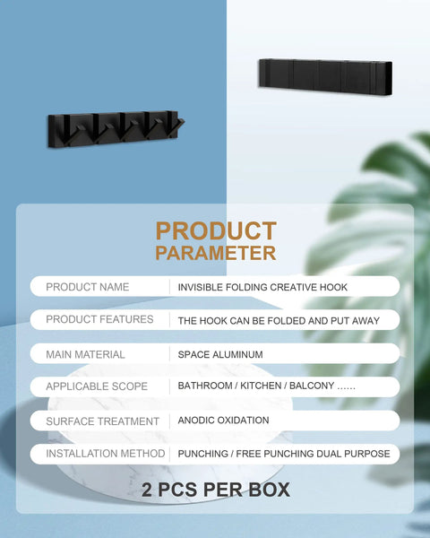 2 Pack Black Wall Hooks for Bathroom and Kitchen, heavy duty, space aluminum, foldable, perforated or free perforated