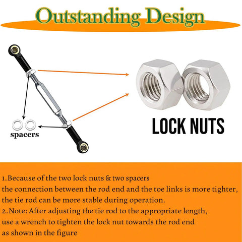 Diagram showing Stainless Steel Turnbuckles With Spacers For RC Car Camber Link Upgrade One Tenth Scale with lock nuts