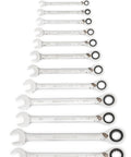 Beefy Thirteen Piece SAE Reversible Ratcheting Wrench Set With 12 Point Box Ends, Off Corner Loading for mechanics tools display.