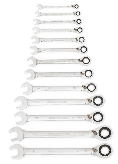 Beefy Thirteen Piece SAE Reversible Ratcheting Wrench Set With 12 Point Box Ends, Off Corner Loading for mechanics tools display.