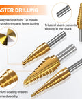 Step Drill Bit Set With 28 Size Options For Metal Wood And Plastic Titanium Coated HSS Double Cutting Blades display