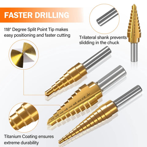 Step Drill Bit Set With 28 Size Options For Metal Wood And Plastic Titanium Coated HSS Double Cutting Blades display