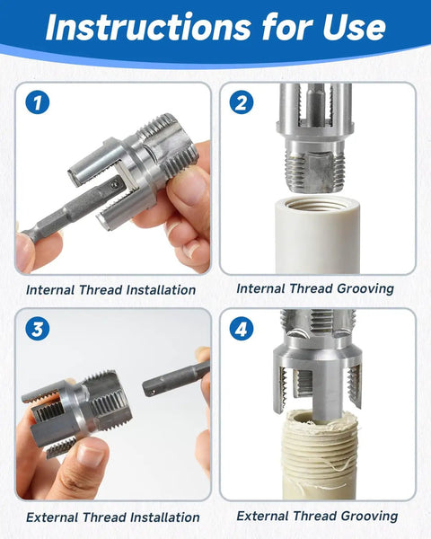 Two In One Pipe Tapping And Threading Kit For One Half Inch, Three Quarter Inch, And One Inch PVC Pipes with usage instructions