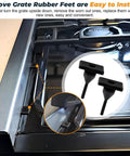 Close-up of two RV Stove Grate Feet Bumpers 20 Pack Heavy-Duty Rubber Feet Replacement for Gas Range Grates, showing installation.
