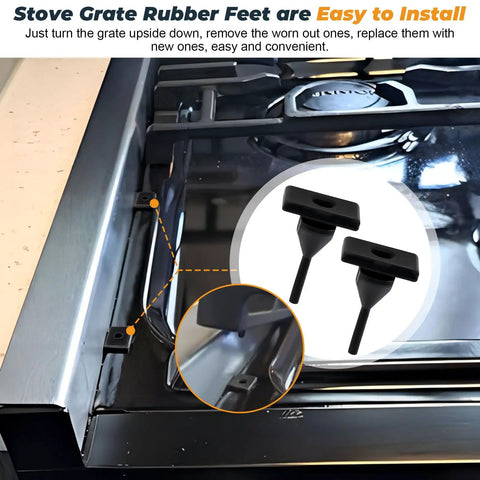 Close-up of two RV Stove Grate Feet Bumpers 20 Pack Heavy-Duty Rubber Feet Replacement for Gas Range Grates, showing installation.