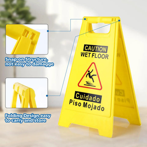 2 Pack Caution Wet Floor Sign Bright Yellow 17.5 Inch Height Double Sided Foldable A Frame With English And Spanish Caution Wet Floor Messages