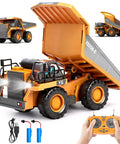Remote Control Dump Truck With 360 Degree Rotation And Lights Kid Friendly Nine Channel RC Construction Toy displayed with remote and accessories