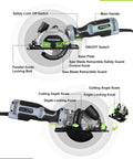 Compact 5.8 Amp Circular Saw With Parallel Guide Delivers 3500 RPM For Wood PVC Tile And Cement Block Cuts Side View