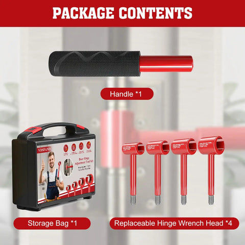 4 In 1 Door Hinge Adjustment Tool Kit For Precise Hinge Gap Alignment In Residential And Commercial Installations And Repairs With Upgraded Hinge Gap Adjusting Wrench packaging contents including handle and wrench heads.