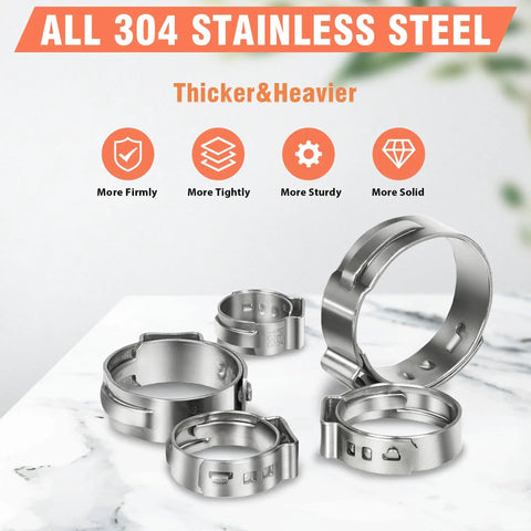 120 Pcs Three Quarters Inch PEX Cinch Clamps Rings, 304 Stainless Steel Single Ear Hose Clamps displayed on marble surface