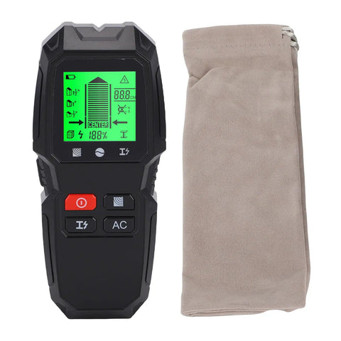 Yechiry Wall Scanner Detector, 5 in 1 Multi Functional Stud Finder with LCD Display, showing device and cloth pouch on white background.