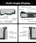 Multi-angle display of Pro Grade Camera Cage For Canon PowerShot V1 With Ergonomic Silicone Grip And Arca Swiss Quick Release Plate