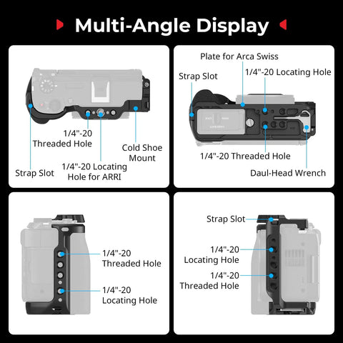 Multi-angle display of Pro Grade Camera Cage For Canon PowerShot V1 With Ergonomic Silicone Grip And Arca Swiss Quick Release Plate