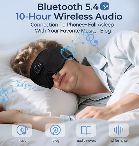 Man lying on bed wearing Bluetooth Sleep Mask With White Noise And Wireless Sleep Headphones for Travel Naps and Office Hustle.