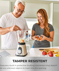 Tamper resistant feature of 20A Receptacle Floor Box with Flip Lid shown on a kitchen counter with a blender and fruits