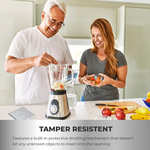 Tamper resistant feature of 20A Receptacle Floor Box with Flip Lid shown on a kitchen counter with a blender and fruits