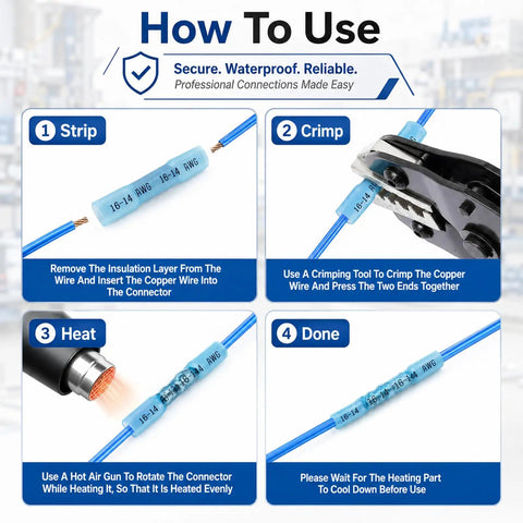 KongTiva 1500 Piece Heat Shrink Butt Connector Kit With Color Coded Wire Terminals For Auto Marine And Home Wiring Projects To Tackle Any Electrical Job Fast With Easy Crimping And Reliable Insulated Connections, 4-step use guide