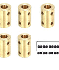 Five brass 5mm-to-5mm rigid motor shaft couplings with set-screw holes; includes hex key and screws