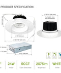 Product specifications of 6 Inch Trimless Recessed Ceiling Lights 12 Pack Smooth Mud In Install, showing size, power, and brightness.