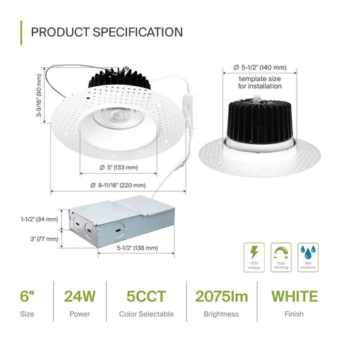 Product specifications of 6 Inch Trimless Recessed Ceiling Lights 12 Pack Smooth Mud In Install, showing size, power, and brightness.