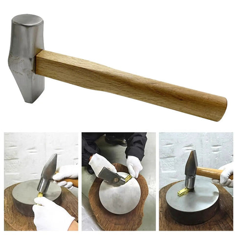 Heavy Duty Flat Faced Hammer for Jewelry Making and Metalworking, durable wood handle, shown with user shaping metal.