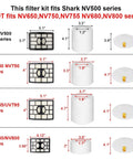 Replacement Vacuum Filters Kit For Lift Away Rotator NV Series Cleaners, 2 Post Filters Plus 4 Foam And Felt Filters, size chart shown