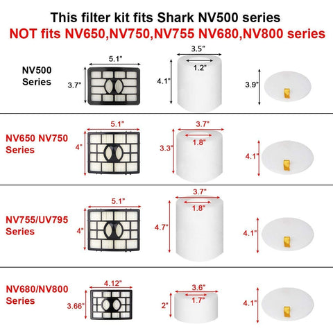 Replacement Vacuum Filters Kit For Lift Away Rotator NV Series Cleaners, 2 Post Filters Plus 4 Foam And Felt Filters, size chart shown