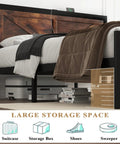 Badass Industrial Queen Bed Frame With Rustic Barn Headboard, showcasing large under-bed storage space for suitcase and boxes.