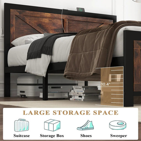 Badass Industrial Queen Bed Frame With Rustic Barn Headboard, showcasing large under-bed storage space for suitcase and boxes.