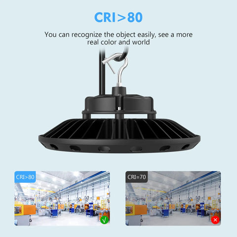 300W UFO LED High Bay Light With 45000 Lumen Output, 5000K Daylight, 0-10V Dimmable, IP65 Waterproof, CRI comparison