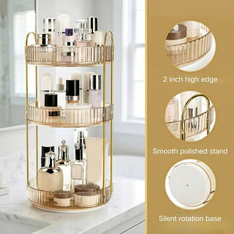 360 Smooth Spin 3 Tier Makeup Organizer For Bathroom Counter Or Vanity Styling with clear skincare products in amber tones.