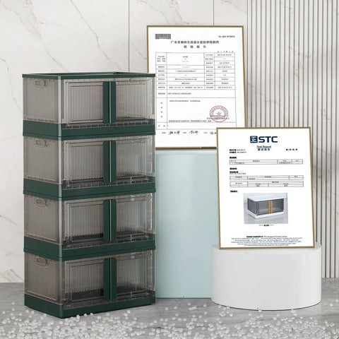 Kickass 19 Gallon Heavy Duty Foldable Storage Bin With Snap On Front Opening And Secure Lid Stackable Plastic Organizer Box Dope Green setup in modern space.