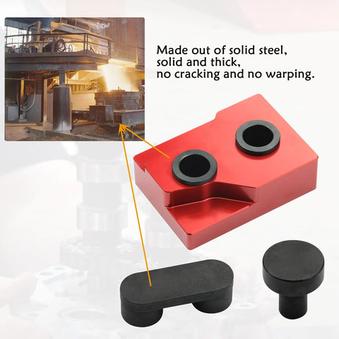 Close-up of Harley Twin Cam camshaft bearing remover/installer tool set: red aluminum block with two black rubber cups.