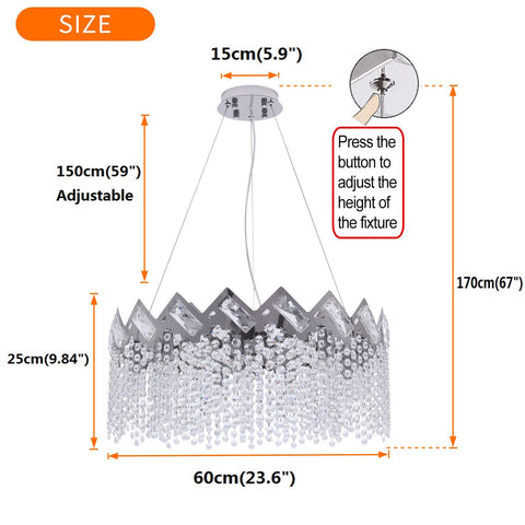 Dope Modern K9 Crystal Chandelier With Nine Lights Raindrop Pendant Ceiling Light Chrome Finish showing dimensions and adjustment detail