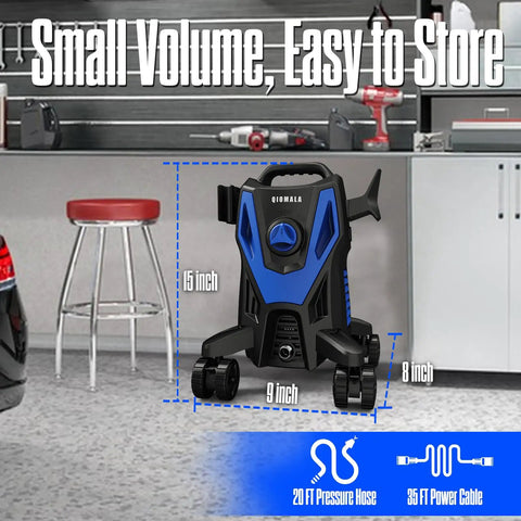 Badass 4800 PSI Electric Pressure Washer with 4 Quick Connect Nozzles and Foam Cannon to Kick Some Dirt from Cars and Driveways while Crushing Grime on Patios Featuring Multi Purpose Outdoor Cleaning Made Super Simple in blue color with dimensions displayed.