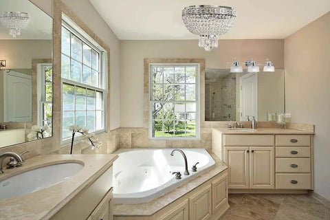 Bathroom with Two-Light Round Crystal Flush Mount Ceiling Light In Antique Brass Finish, 12-Inch Diameter, 9-Inch Height