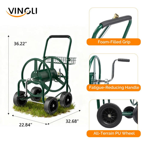 4 Wheel Garden Hose Reel Cart With Storage Basket Portable Hose Cart For Lawn Garden Backyard And Farm shown on grass